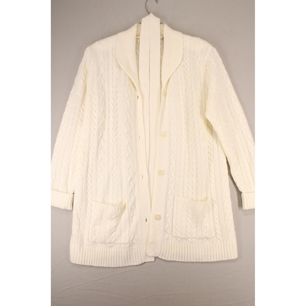 Karen Scott Cardigan Sweater Womens L Cream Acrylic Cable Knit Belted Preppy